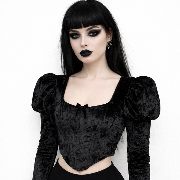 Dolls Kill Tops - Dolls Kill Widow Transformed Kiss Corset Top S Fairy Goth Velvet Punk L/SL Crop
